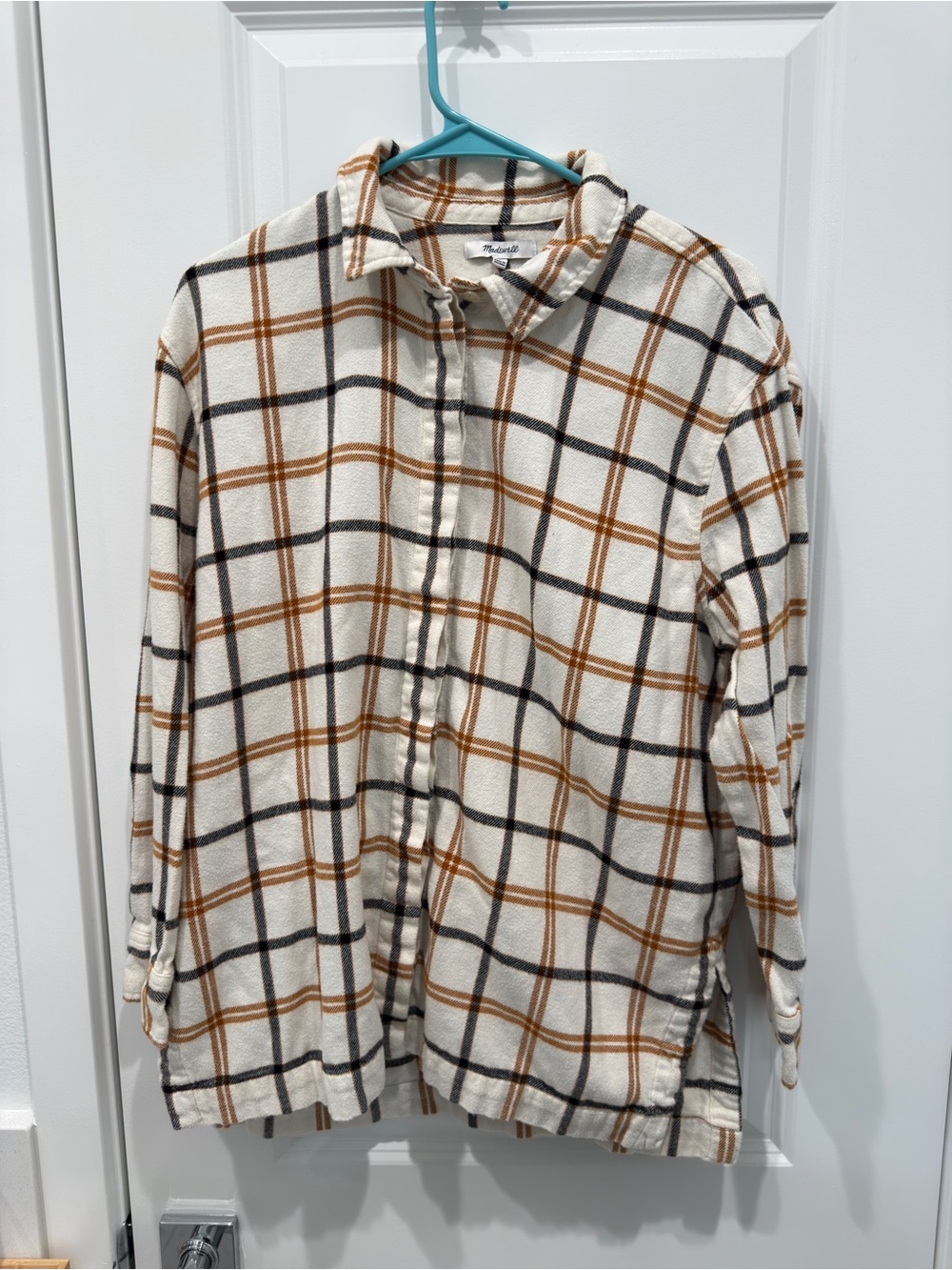 Madewell Cream Plaid Button-Down Shirt with Brown and Black Lines